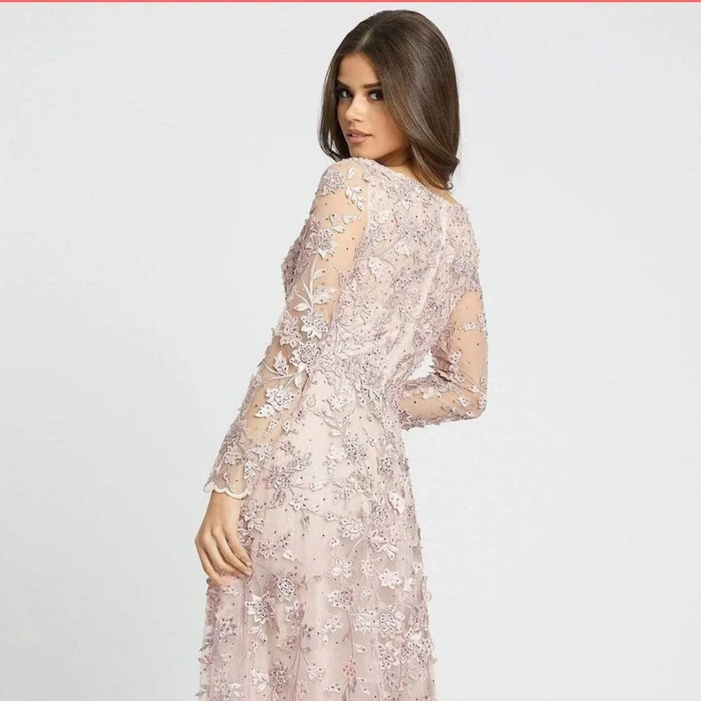 Mac Duggal Pink Floral Applique Long Sleeve Illusion Gown Dress Size 8 NWT - Picture 11 of 15